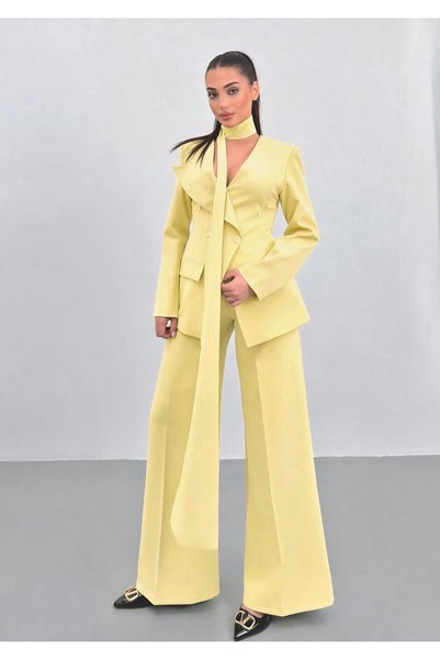 ossons Halter Neck Premium Butter Yellow Double-Breasted Jacket Suit