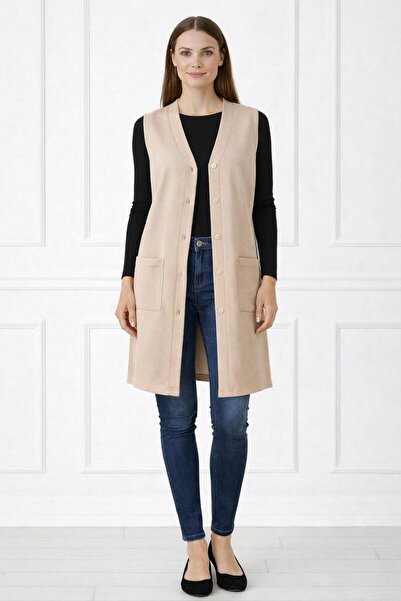 Kuraff Giyim Women's Mother Long Slim Buttoned Pocketed Combed Cotton Vest