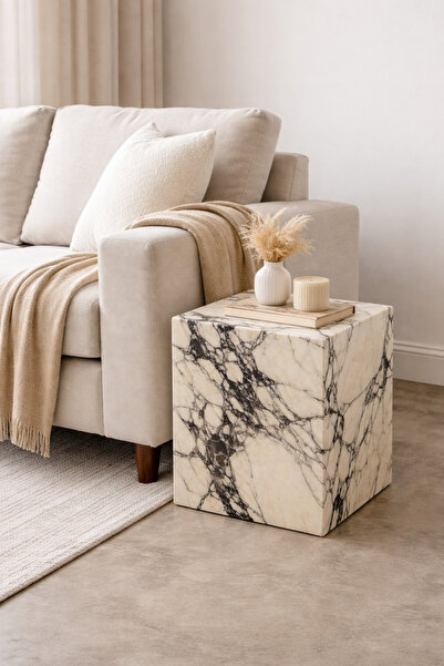 ESİLA MARBLE Calacatta Viola Mermer Küp Yan Sehpa – Modern Minimalist Dekorat...