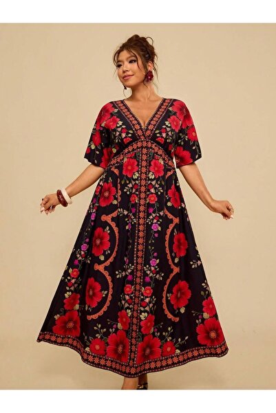 Iuliashop Rochie lungă neagră Marilena cu imprimeu floral roșu - Mărimi mari ...