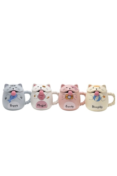 CAVAŞ sun hat Special Design 3D Cat Figured Mug with Lid and Spoon Product Di...