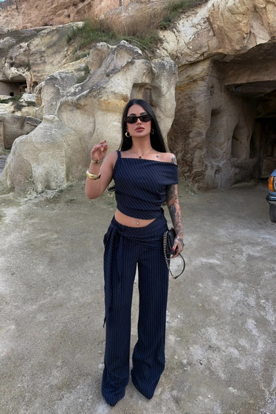 MOZENA Striped Off-Shoulder Crop Top and Elastic Waist Pants Three-Piece Set