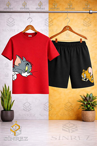 SİNREZ Çocuk KEDI FARE TM JRY KAFALAR YANDA Özel Baskılı Bisiklet Yaka Tişört...