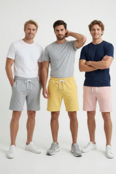 aytok tekstil Cotton 3 Pcs Unisex Women Mens Shorts Set Solid Color