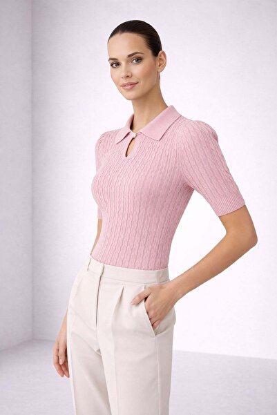 Ferraro Γυναικεία ροζ πλεκτή μπλούζα με γιακά πόλο και κουμπιά, κοντομάνικη, ...