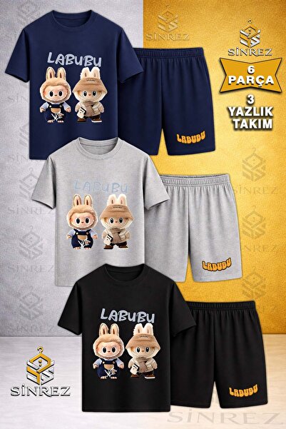 SİNREZ Children's Labbu 2-Piece Brown Printed Crew Neck 3-Piece T-Shirt - Sho...