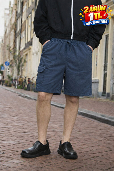 DAMGA JEANS Ανδρικό λινό σορτς Premium Jogger Relax σε μπλε χρώμα με τσέπες C...