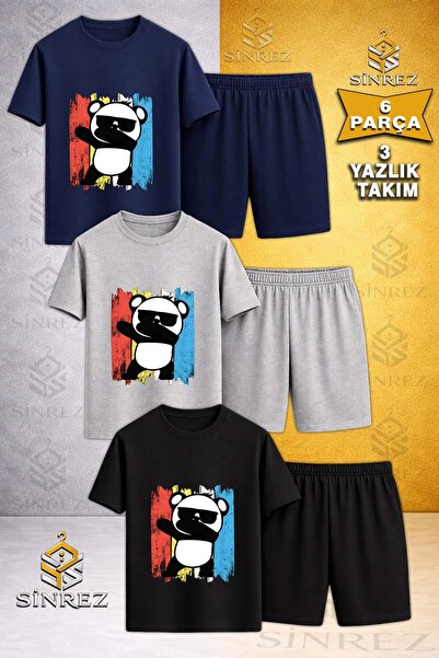SİNREZ Children's Panda Colorful Tvl Glasses Printed Crew Neck 3-Piece T-Shir...