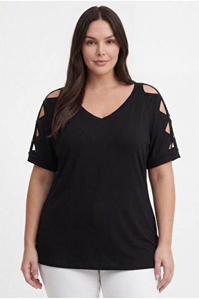 Ebsumu Γυναικεία Μπλούζα Μεγάλου Μεγέθους με Πέτρινο Σχέδιο και Διαφανή Μαύρη...