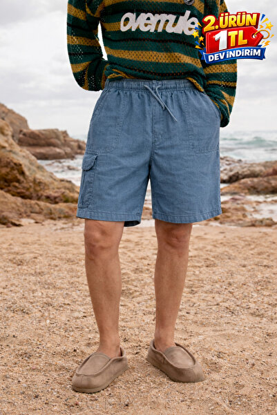 DAMGA JEANS Ανδρικό λινό σορτς με χαμηλή μέση γραμμή και τσέπες Cargo σε μπλε...