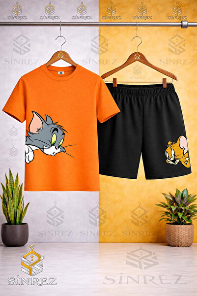 SİNREZ Çocuk KEDI FARE TM JRY KAFALAR YANDA Özel Baskılı Bisiklet Yaka Tişört...