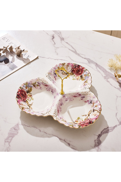 Malooki Πορσελάνινη πιατέλα τριών τμημάτων, με vintage floral σχέδιο, χρυσή λαβή