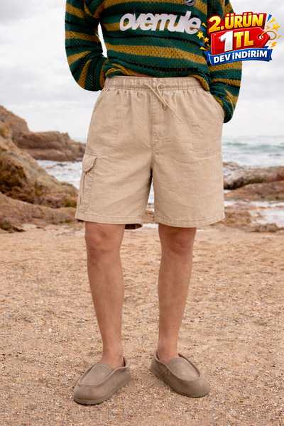 DAMGA JEANS Ανδρικό λινό σορτς χαμηλής μέσης Premium σε μπεζ χρώμα με τσέπες ...