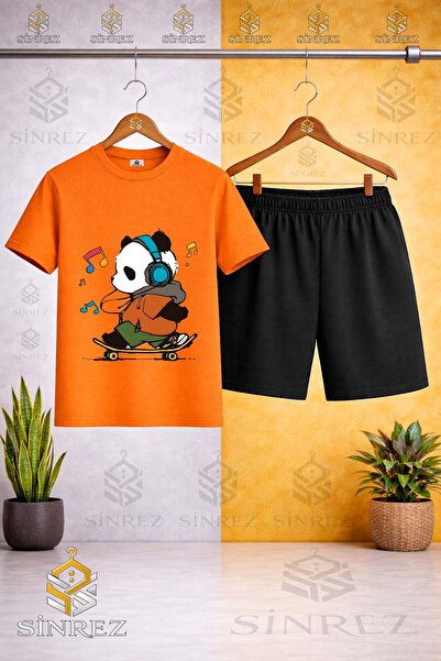 SİNREZ تي شيرت للأطفال من PANDA KAYKAY RENKLI ذو طباعة خاصة وياقة دائرية - طق...