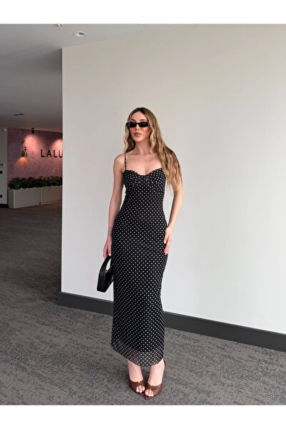 Laluvia Μαύρο Φόρεμα με Κορδόνια και Πουά - 5091
