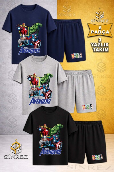 Children's Marvel 4Lu Avangers Printed Crew Neck 3-Piece T-Shirt - Shorts Set