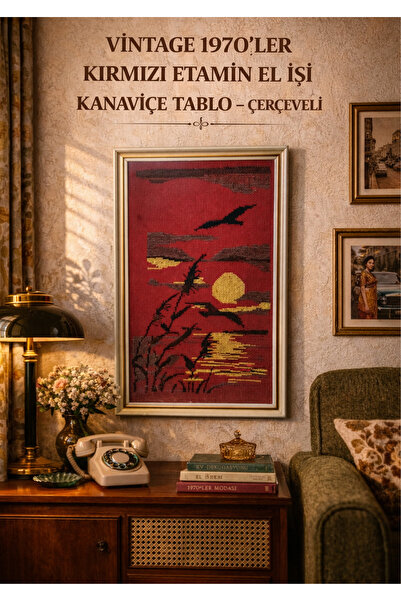 onyyapim VİNTAGE 1970’LER KIRMIZI ETAMİN EL İŞİ KANAVİÇE TABLO – ÇERÇEVELİ