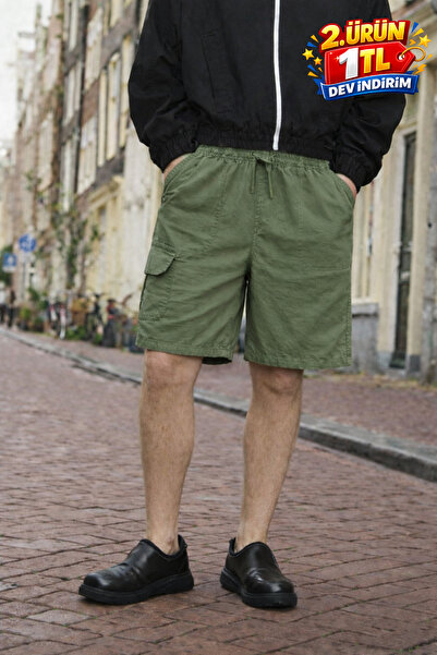 DAMGA JEANS Ανδρικό σορτς Premium Jogger Relax από πράσινο λινό με τσέπες Cargo