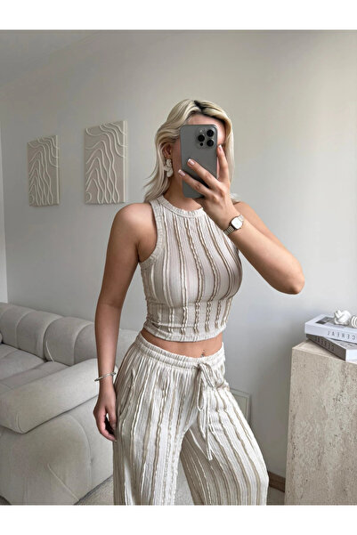 Zora Butik Halter Ribbed Double Set - Beige