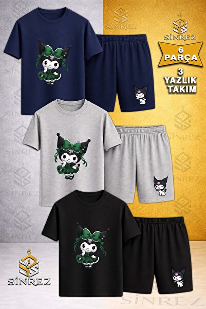 SİNREZ Set de tricou și pantaloni scurți pentru copii, 3 piese, cu imprimeu, ...
