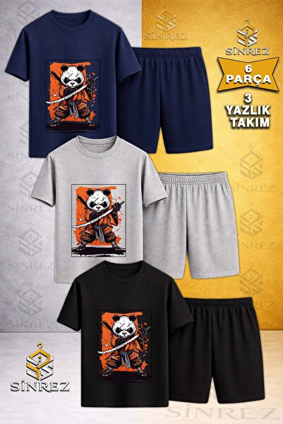 SİNREZ Tricou din 3 piese cu imprimeu PANDA NINJA SWORD pentru copii - Set pa...