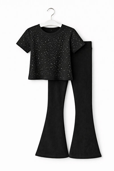 LITTLE&CO Set tricou cu sclipici și pantaloni evazați pentru fete – Combinați...