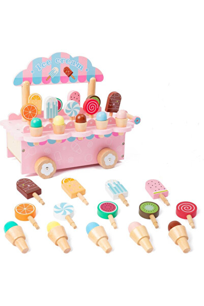 Toyska Ξύλινο ρυμουλκούμενο παιχνίδι φορτηγό παγωτού, ροζ