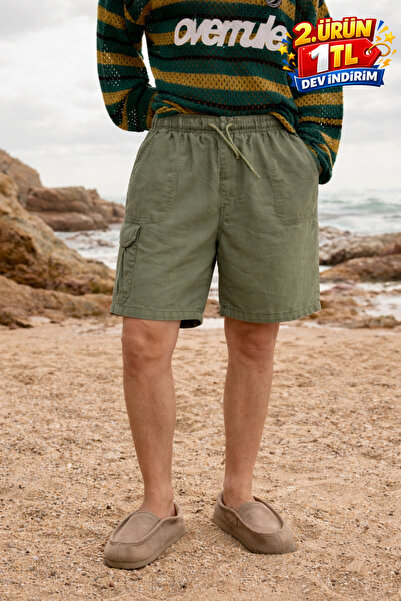 DAMGA JEANS Pantaloni scurți din in verde pentru bărbați, cu talie joasă și b...