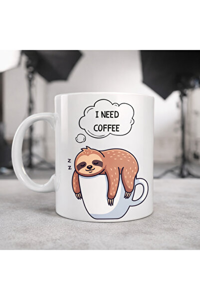 Beta Moda Hub I Need Coffee Written Sloth Design Mug Model 236 Funny Ceramic ...