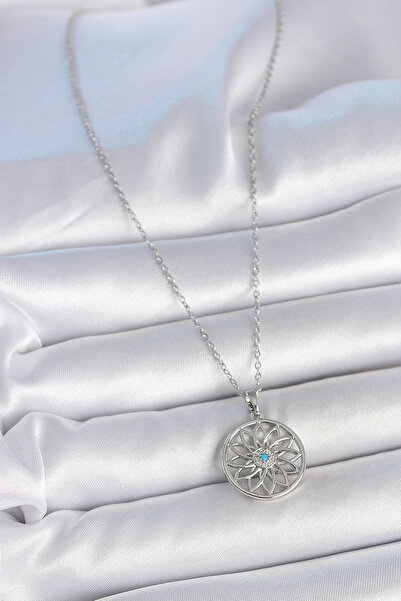 Hobibahçem 316L Steel Silver Color Chain Blue Stone Lotus Model Women's Necklace
