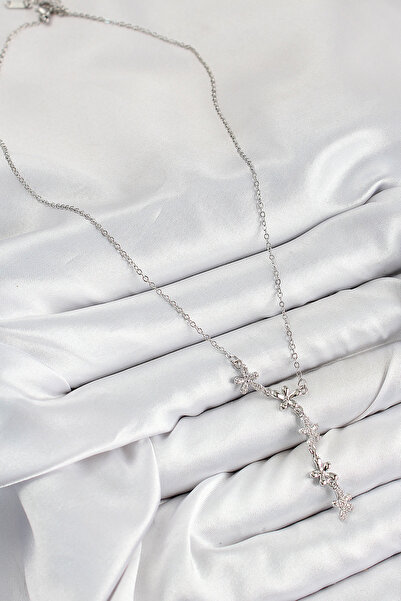 Hobibahçem 316L Steel Zircon Stone Flower Model Silver Color Women's Necklace
