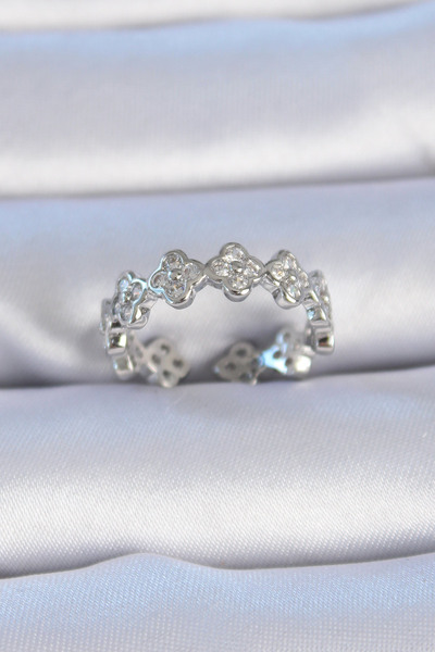 Twin Store Brass Silver Color Zircon Stone Clover Model Women's Ring