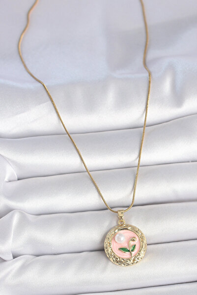 Generic Brand 316L Steel Gold Color Chain Pink Flower Embroidered Pearl Detai...