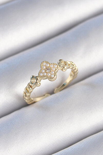 Twin Store Brass Gold Color Pearl Clover Model Zircon Stone Detail Women's Ring