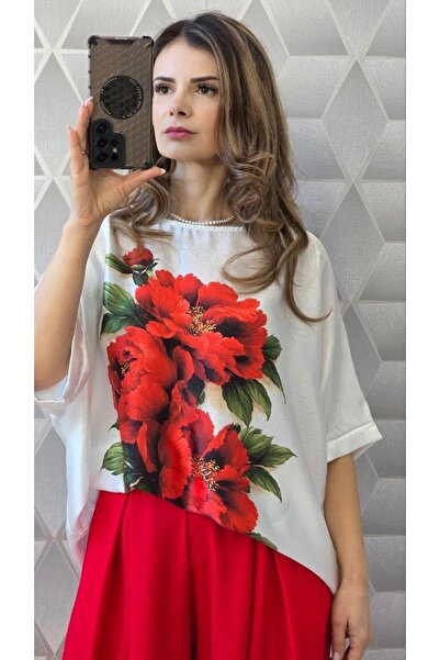 styleFlex Bluză elegantă din material satinat cu imprimeu floral 3D