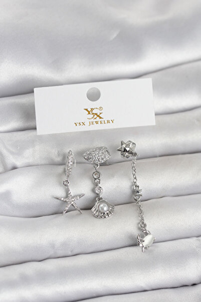 NY JOY Brass Silver Color Zircon Stone Sea Themed 3& # 39-Piece Women's Earrings