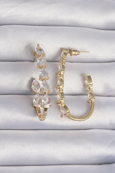 NY JOY Brass Gold Color Earrings with Drop Zircon Stone Design