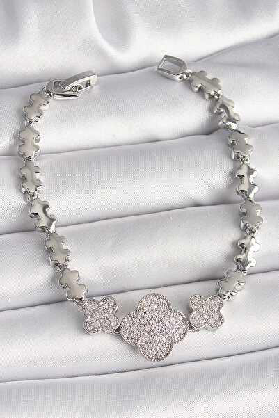 BŞK VİRGO Brass Silver Color Zircon Stone Clover Model Chain Model Women's Br...