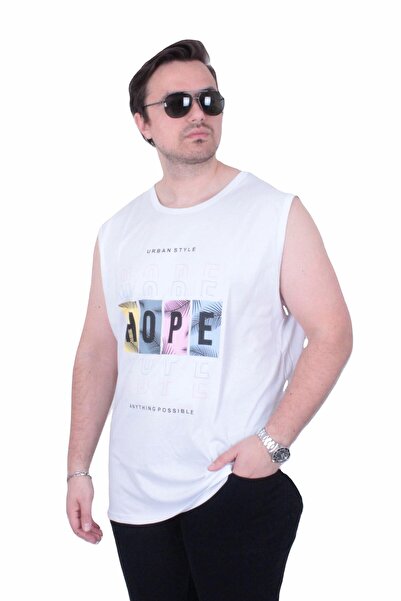 MocGrande تي شيرت بدون أكمام مطبوع مقاس كبير Hope 26124 أبيض
