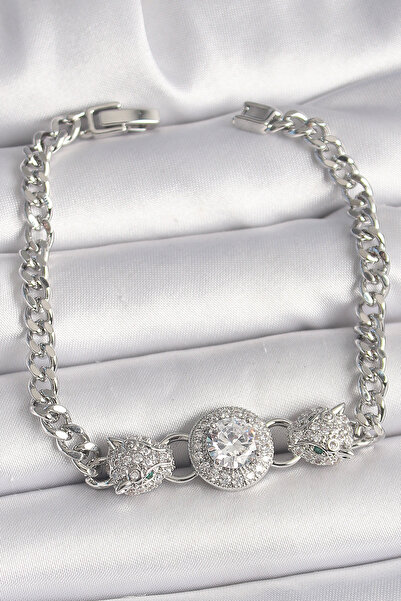 BŞK VİRGO Brass Silver Color Zircon Stone Leopard Figure Chain Model Women's ...