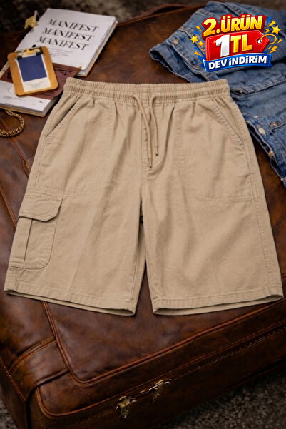 DAMGA JEANS Ανδρικό κομψό, μοντέρνο, μπεζ λινό σορτς με πολλές τσέπες cargo