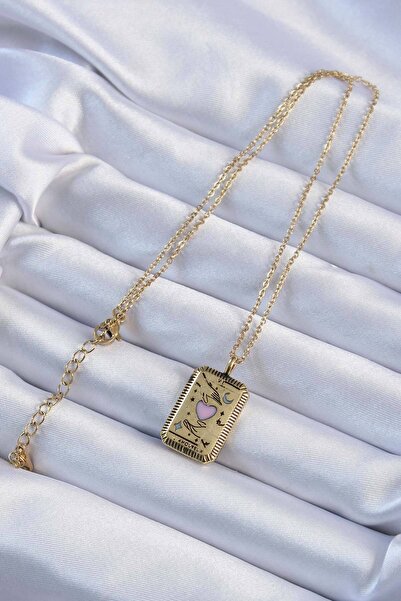 Generic Brand 316L Steel Chain Antique Gold Color Pink Enamel Heart Figured T...