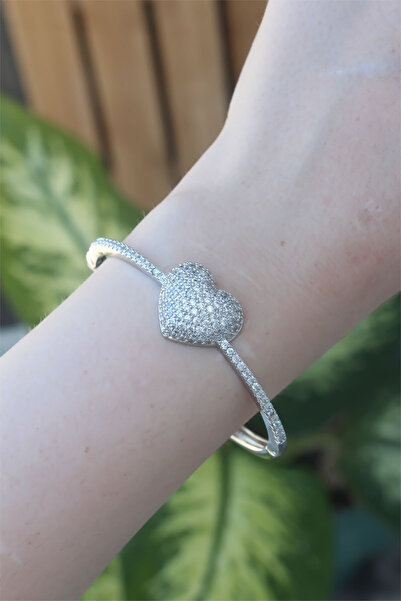 Hobibahçem Vip Series Brass Zircon Stone Silver Color Heart Model Handcuffs