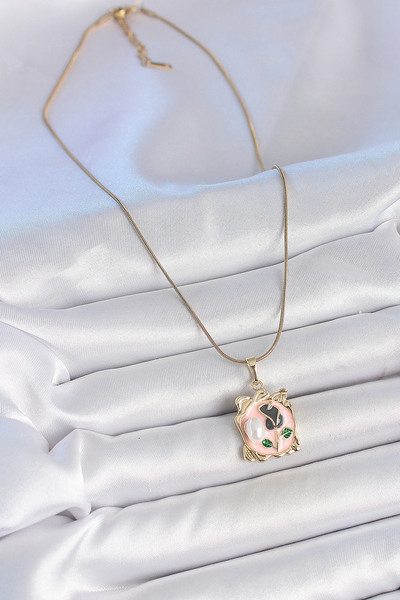 Hobibahçem 316L Steel Gold Color Chain Pink Enamel Flower Embroidered Pearl D...