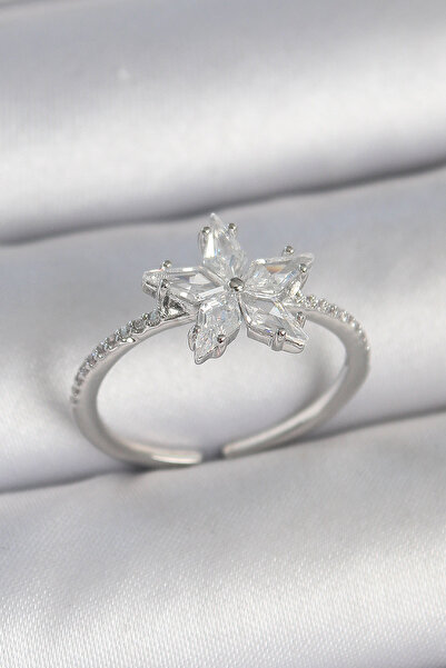 Beta Moda Hub Brass Silver Color Zircon Stone Star Model Adjustable Women's Ring