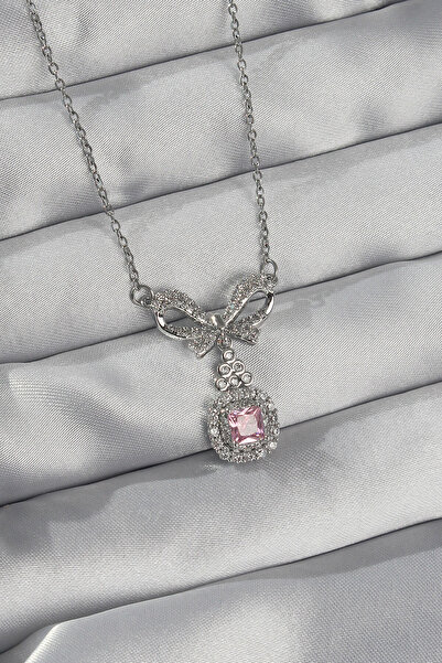 Twin Store 316L Steel Silver Rk Bow Detail Solitaire Necklace with Pink Zirco...