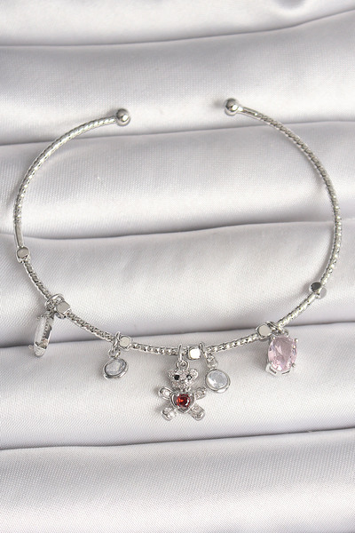 NY JOY Brass Silver Color Hanging Zircon Stone Teddy Bear Figure Red Stone De...