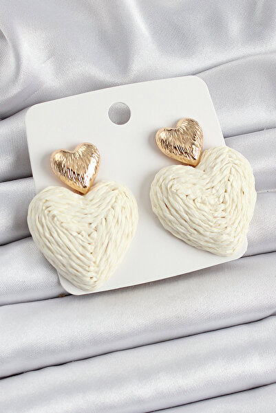 Twin Store Cream Figured Wicker Weave Model Gold Color Women's Earrings