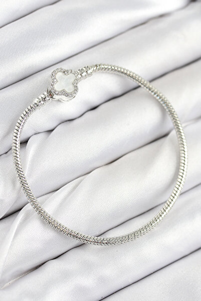 BŞK VİRGO Brass Charm Zircon Stone Clover Model Silver Color Women's Bracelet