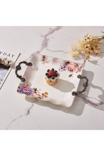 Malooki Πορσελάνινος δίσκος σερβιρίσματος με vintage φλοράλ σχέδιο, με μεταλλ...